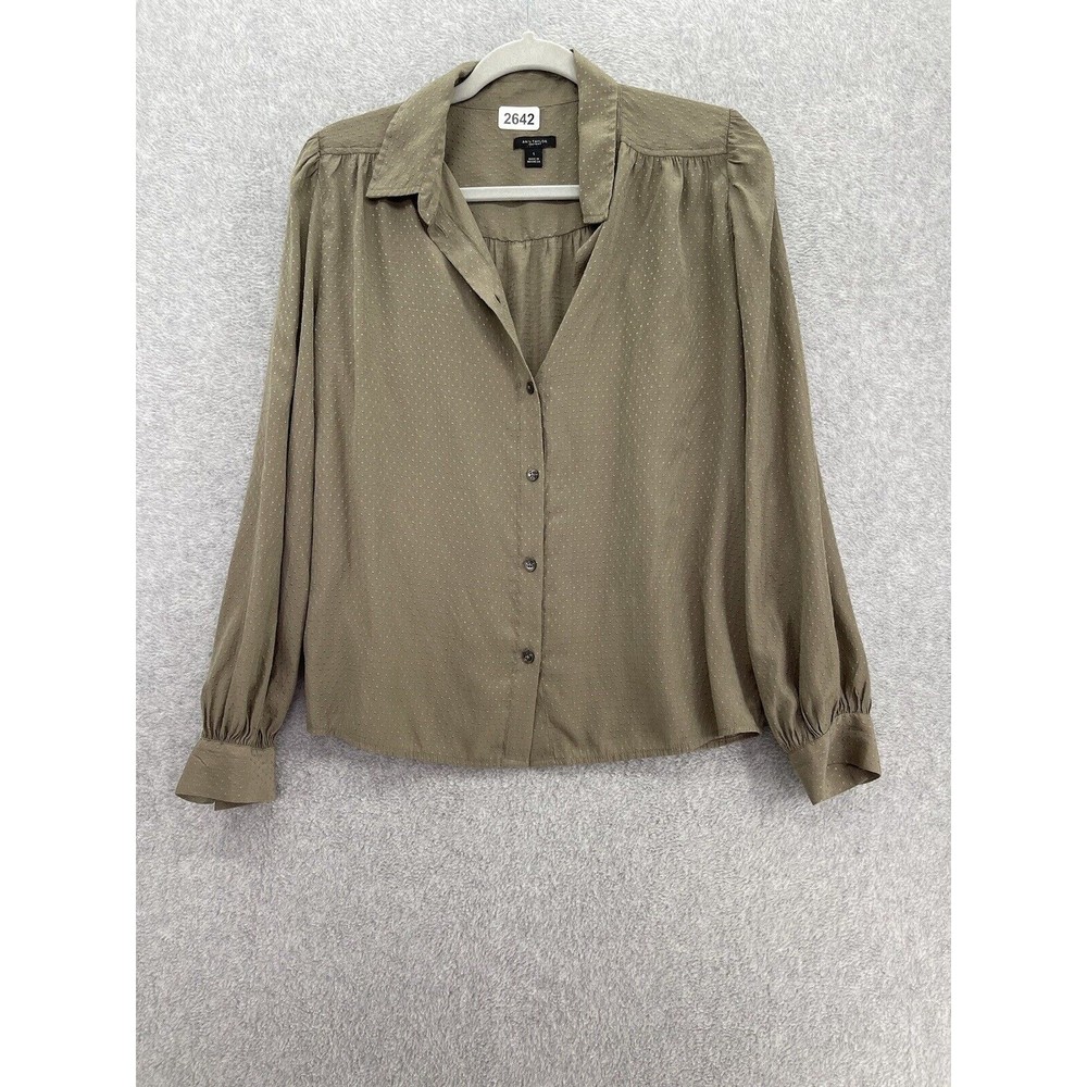 Ann Taylor Women's Button Up Blouse Taupe Brown Long Sleeve Size Small Textured